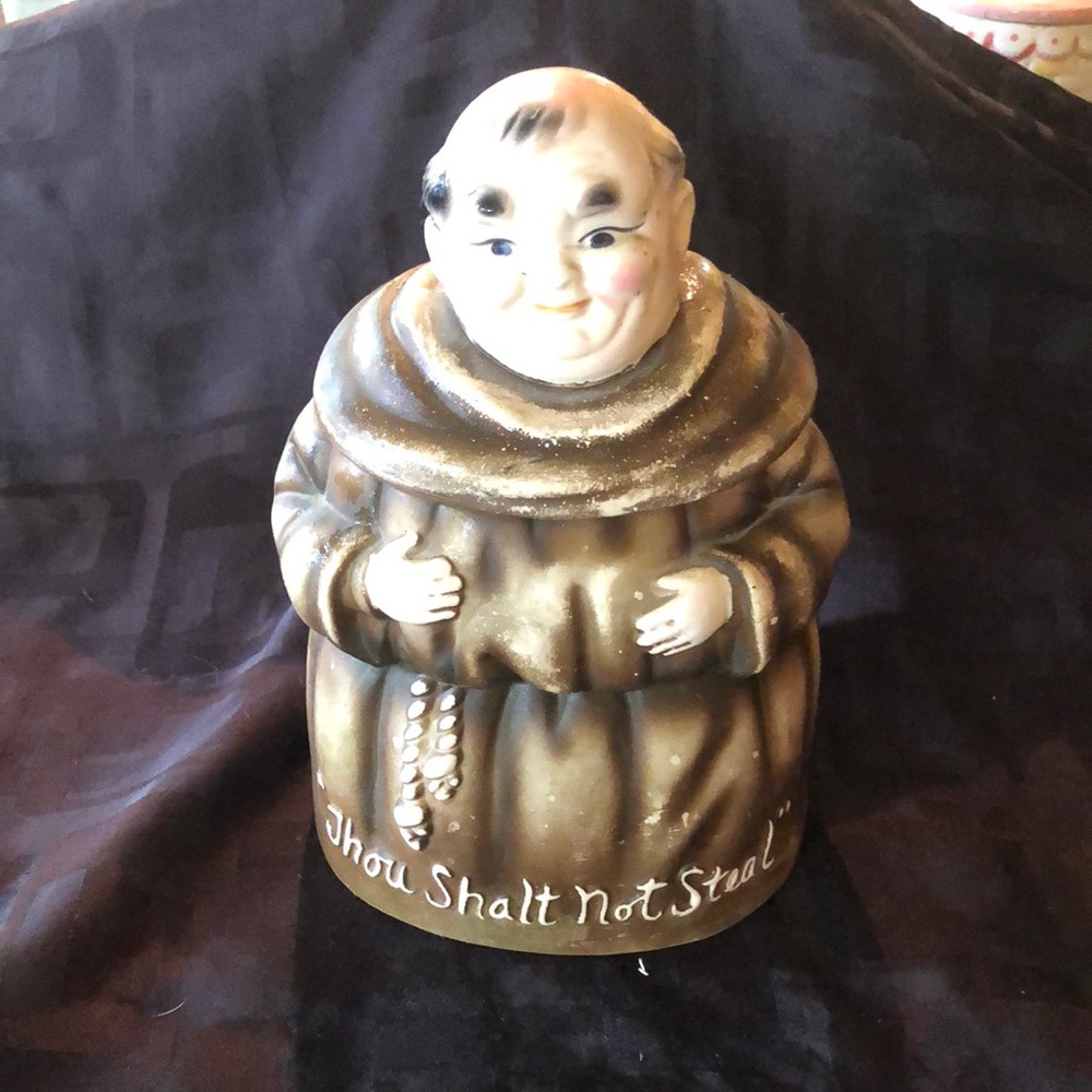 Friar Monk Antique cookie jar with 'Thou Shalt Not Steal' Inscription.